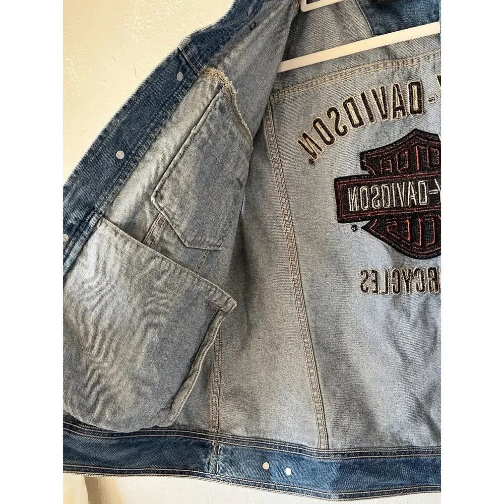 Harley Davidson Motorcycles Embroidered Denim Jean Vest Blue XL